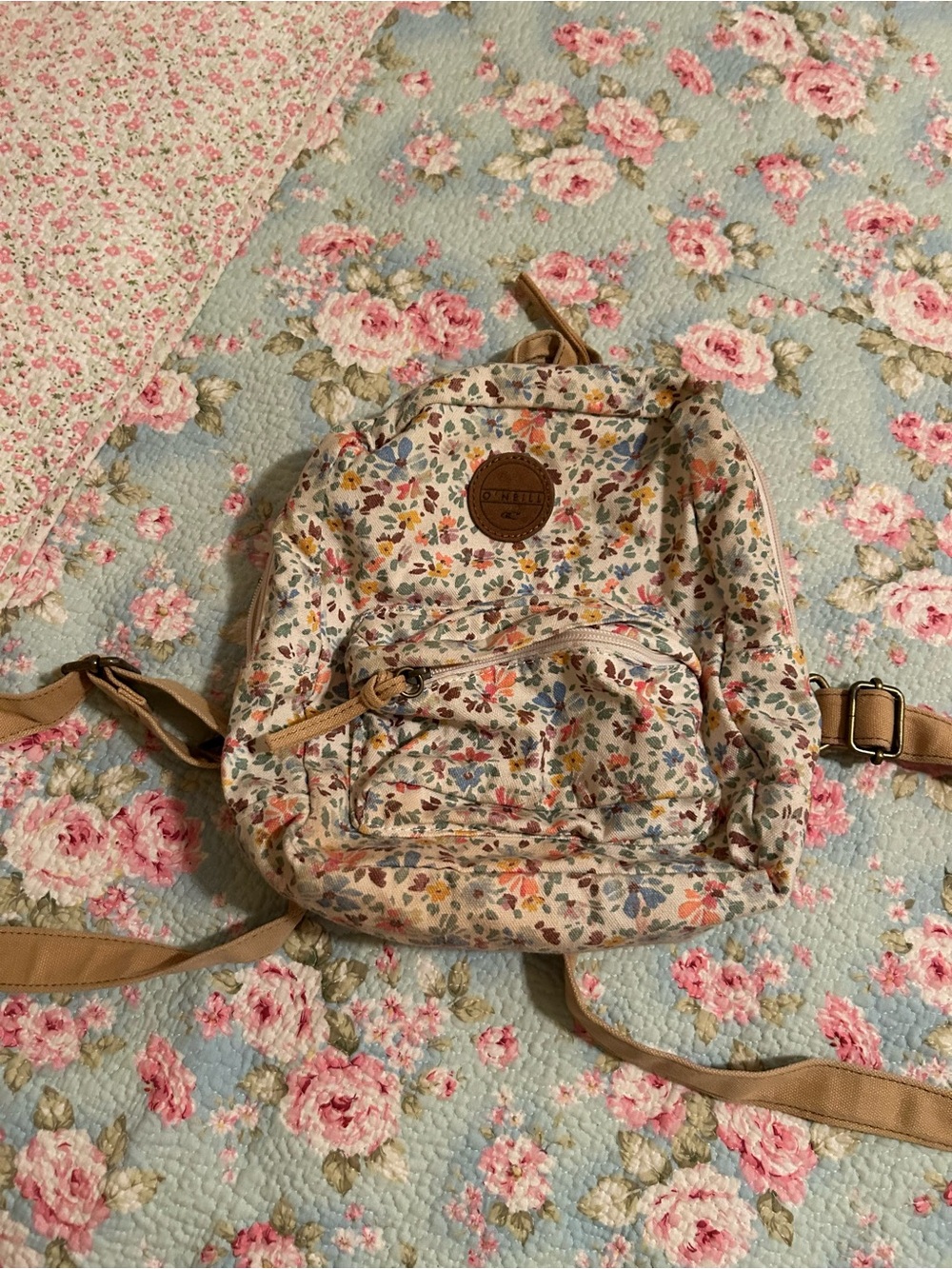 O’Neill Floral Canvas Mini Backpack - Beige Multicolor- some stains see pictures